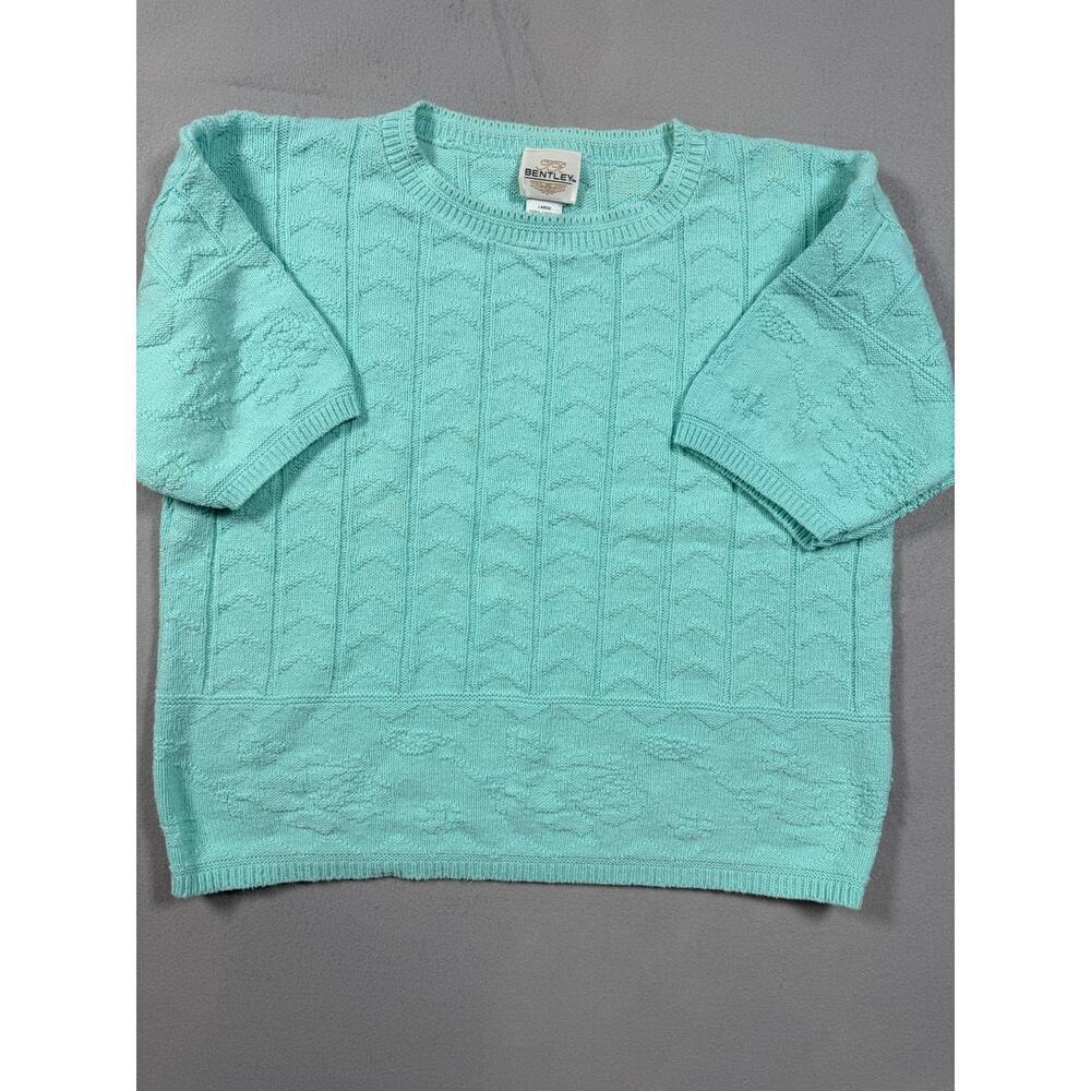 Vintage BENTLEY Seafoam Green Short Sleeve Cable Knit Sweater 100% Cotton L
